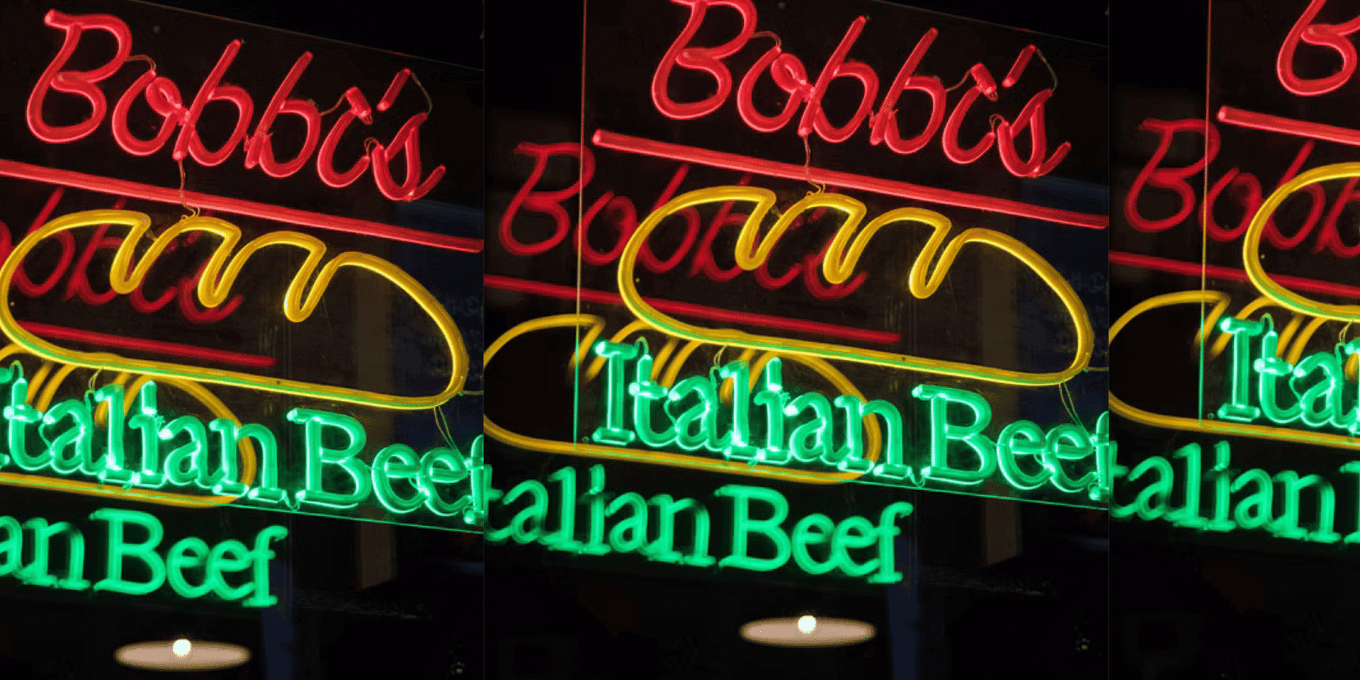 Neon sign for Bob's Italian Beef with a bread loaf graphic in red, yellow, and green colors.